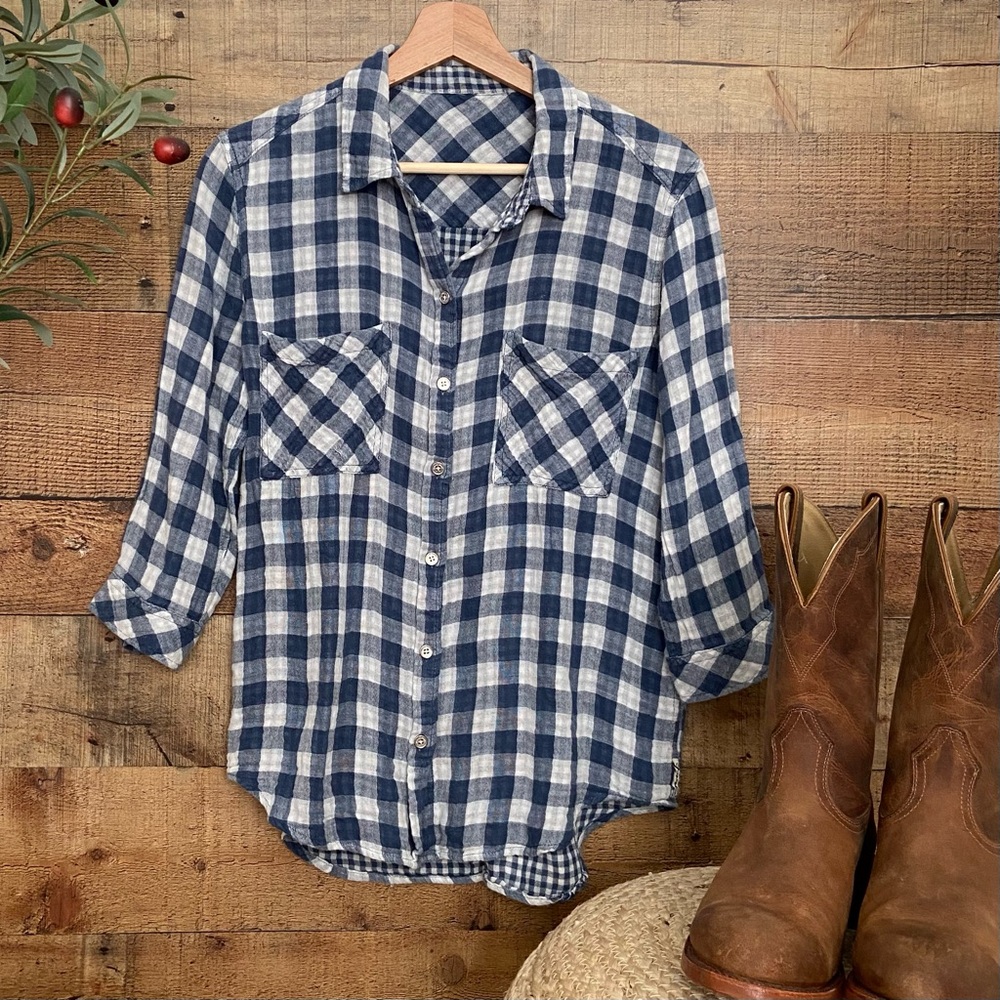Seven7 Jeans Cotton Plaid Button Down 3/4 Length Sleeves - Picture 2 of 9